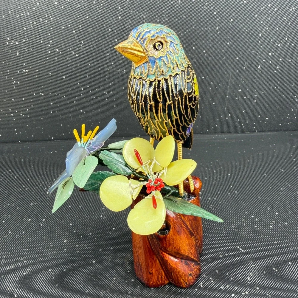Cloisonne Enamel Bird Figurine Carved Wood Base Quartz Jade Stone Flowers 6in